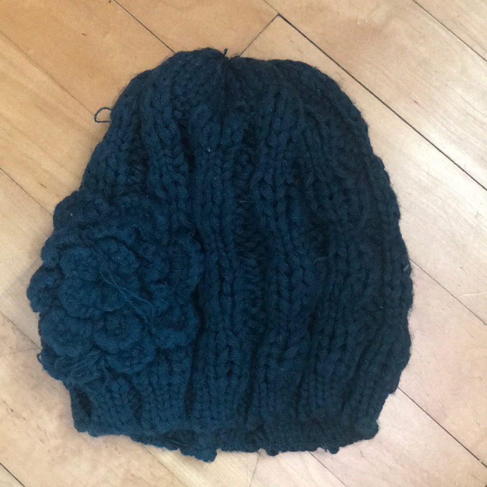 Green Knit Hat with Crochet Flower